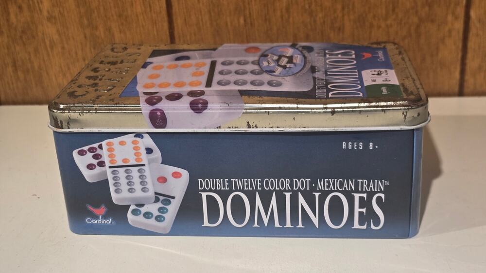Cardinal Mexican Train Dominoes Double 12 Color Dot Set 88 Tiles Tin Case